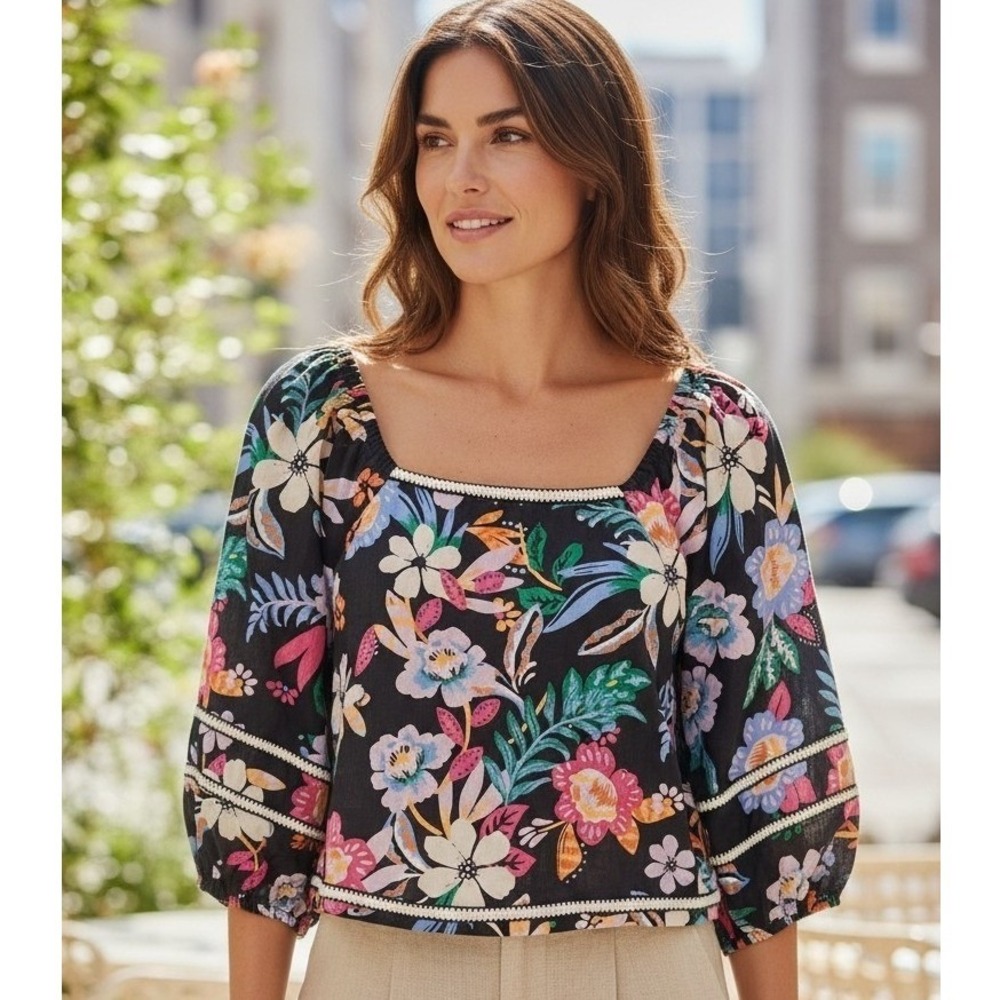 C&C California 100%Linen Euro Summer Womens size Large Floral Ballon Sleeve Top - Picture 3 of 12